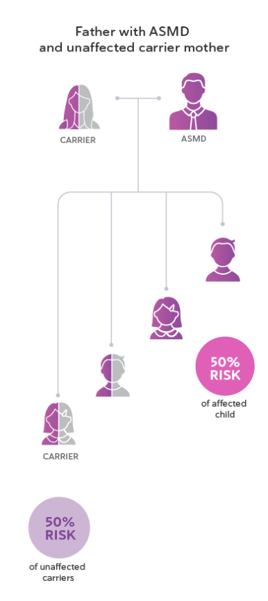 Father with ASMD and carrier mother means 50% risk of unaffected carriers and 50% risk of affected child